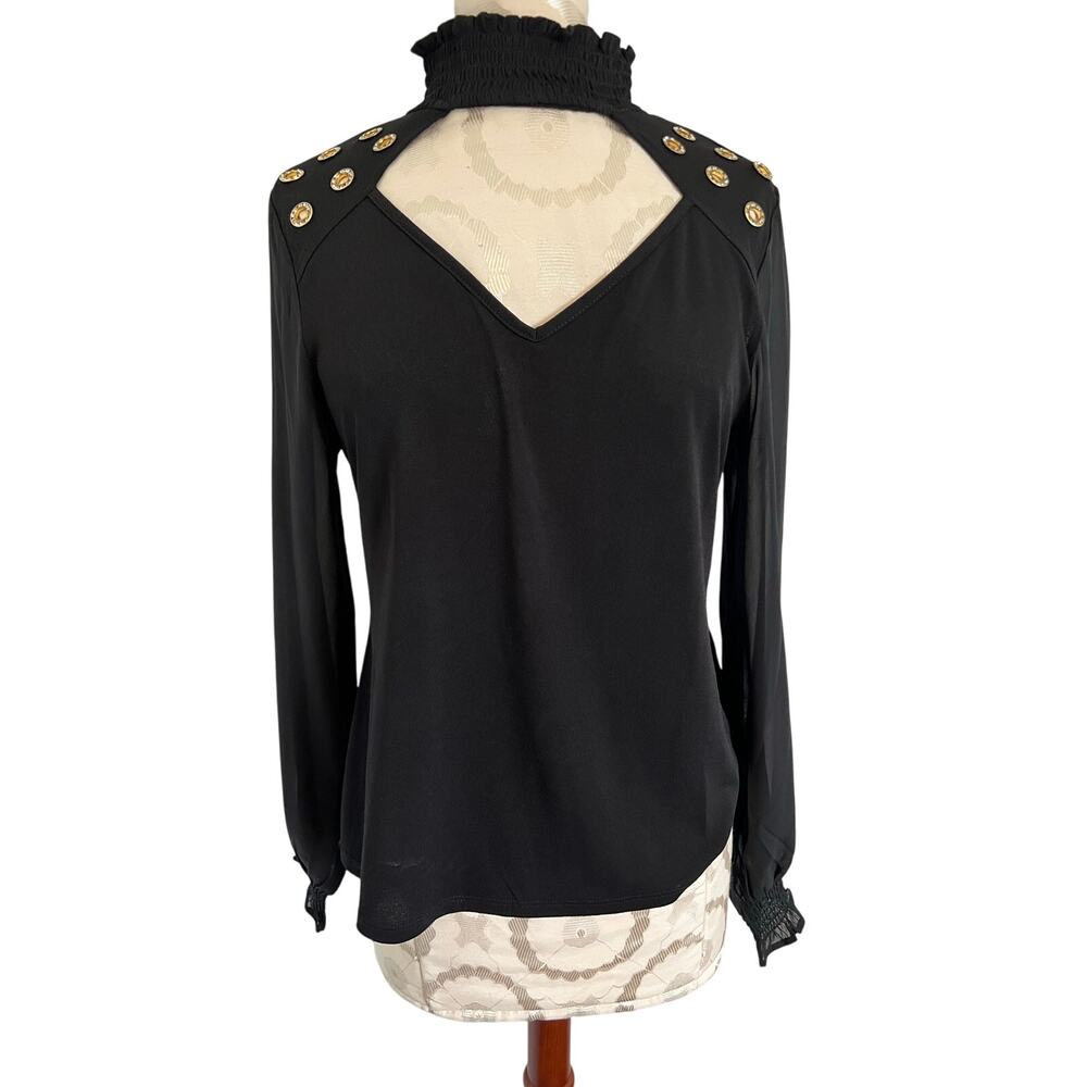 Belldini Long Sleeve High Neck Blouse with Sheer Sleeves Small